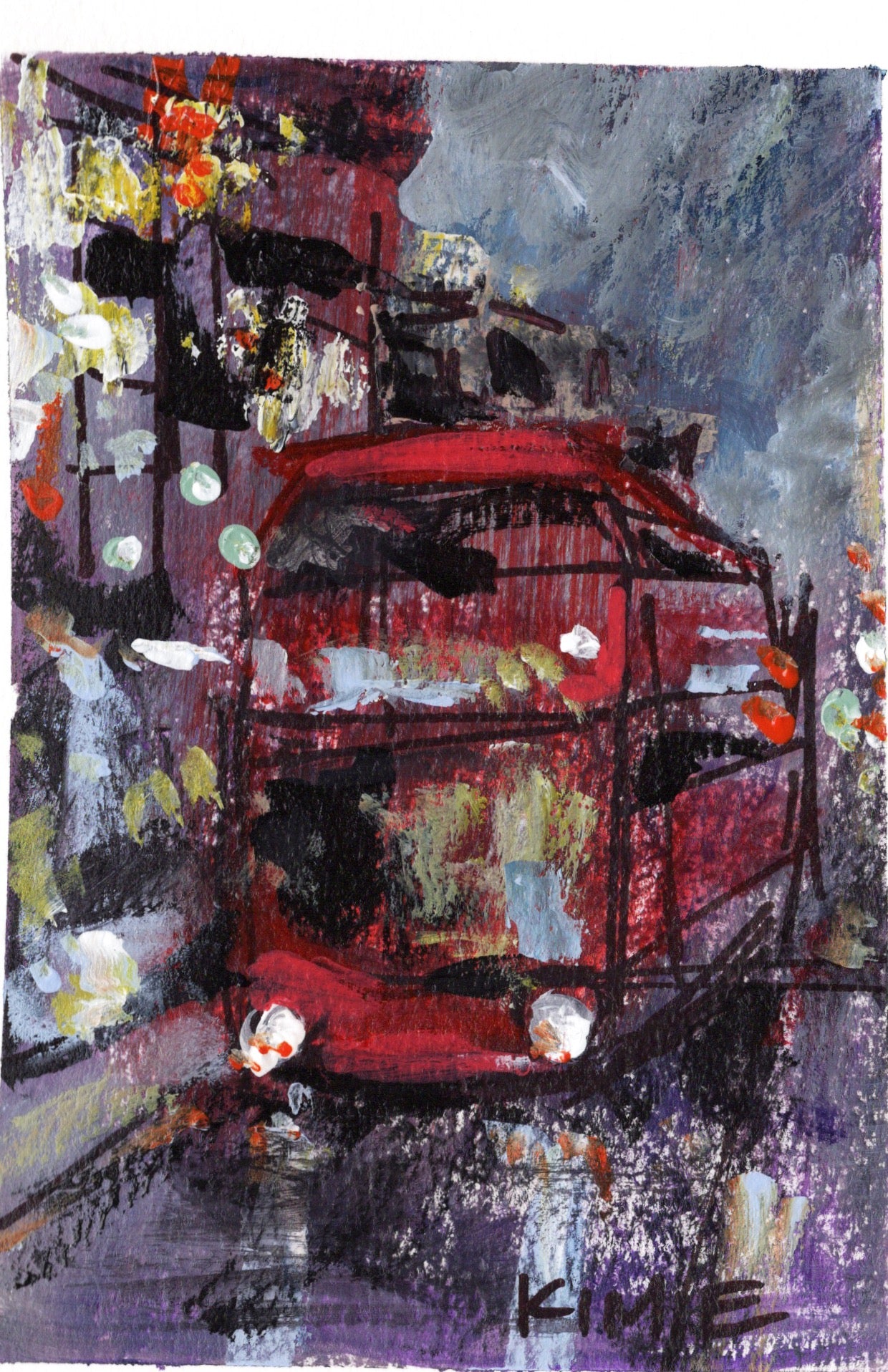 "Double Decker at Night" Original Acrylic on paper