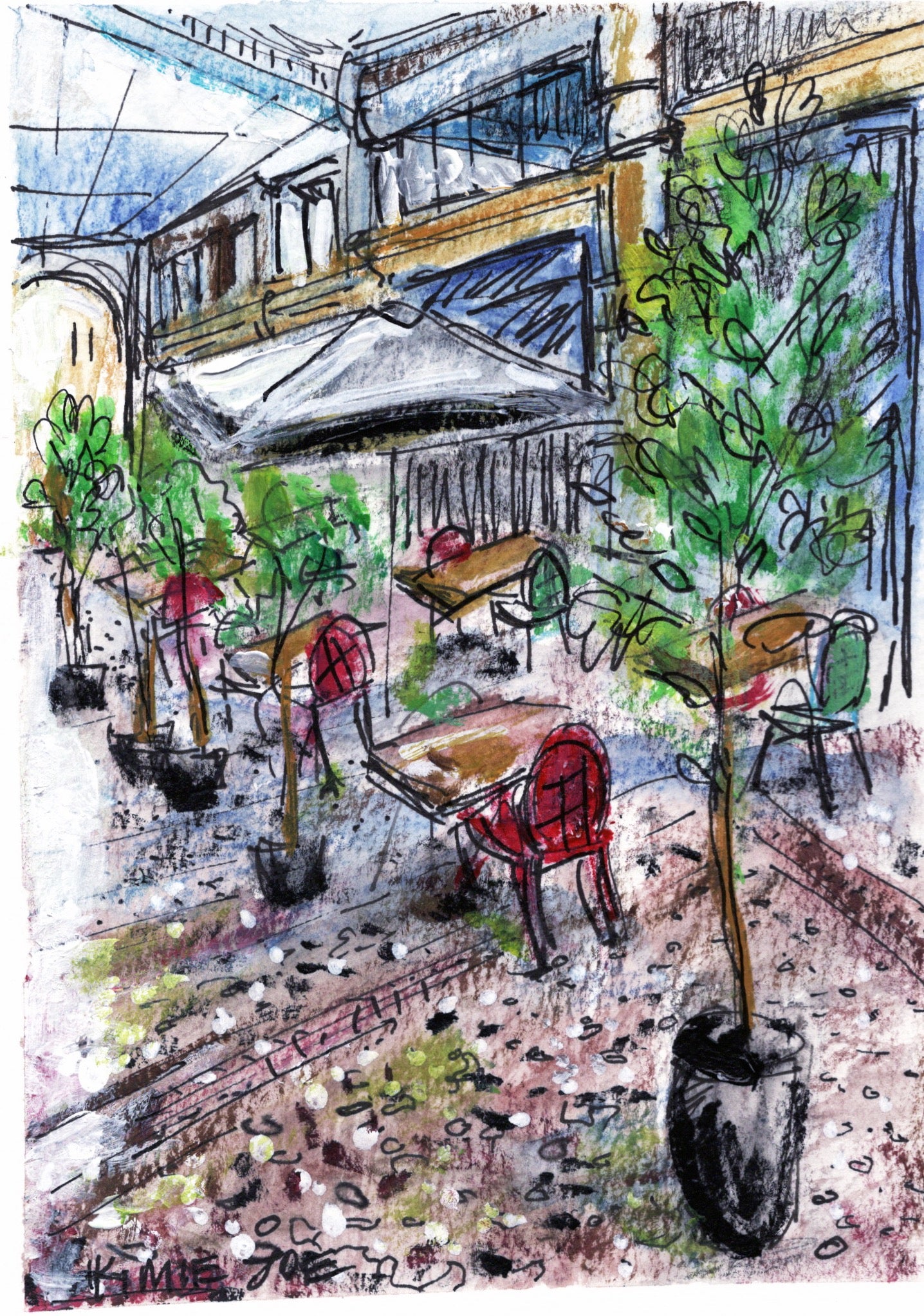 "Lugano Cafe" Original Mixed Media on Paper