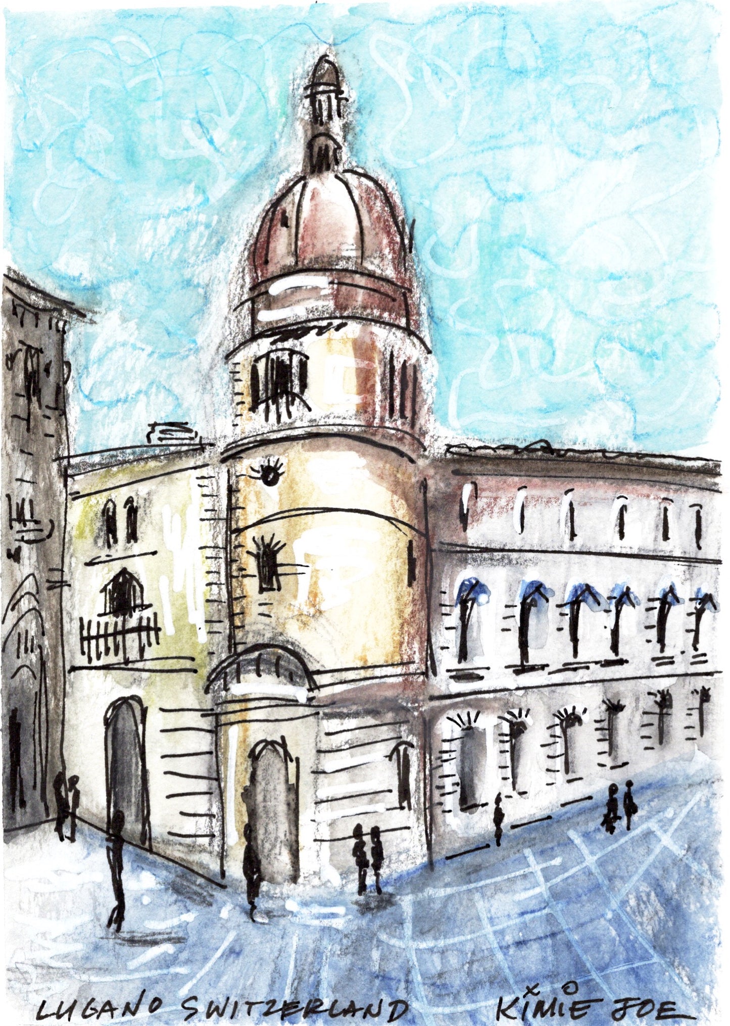 "Lugano Square" Original Watercolor, Pen & Ink on paper
