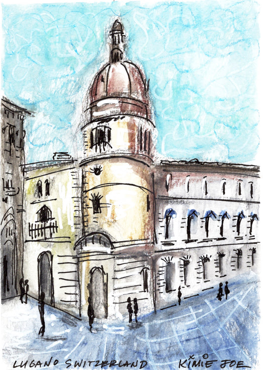"Lugano Square" Original Watercolor, Pen & Ink on paper