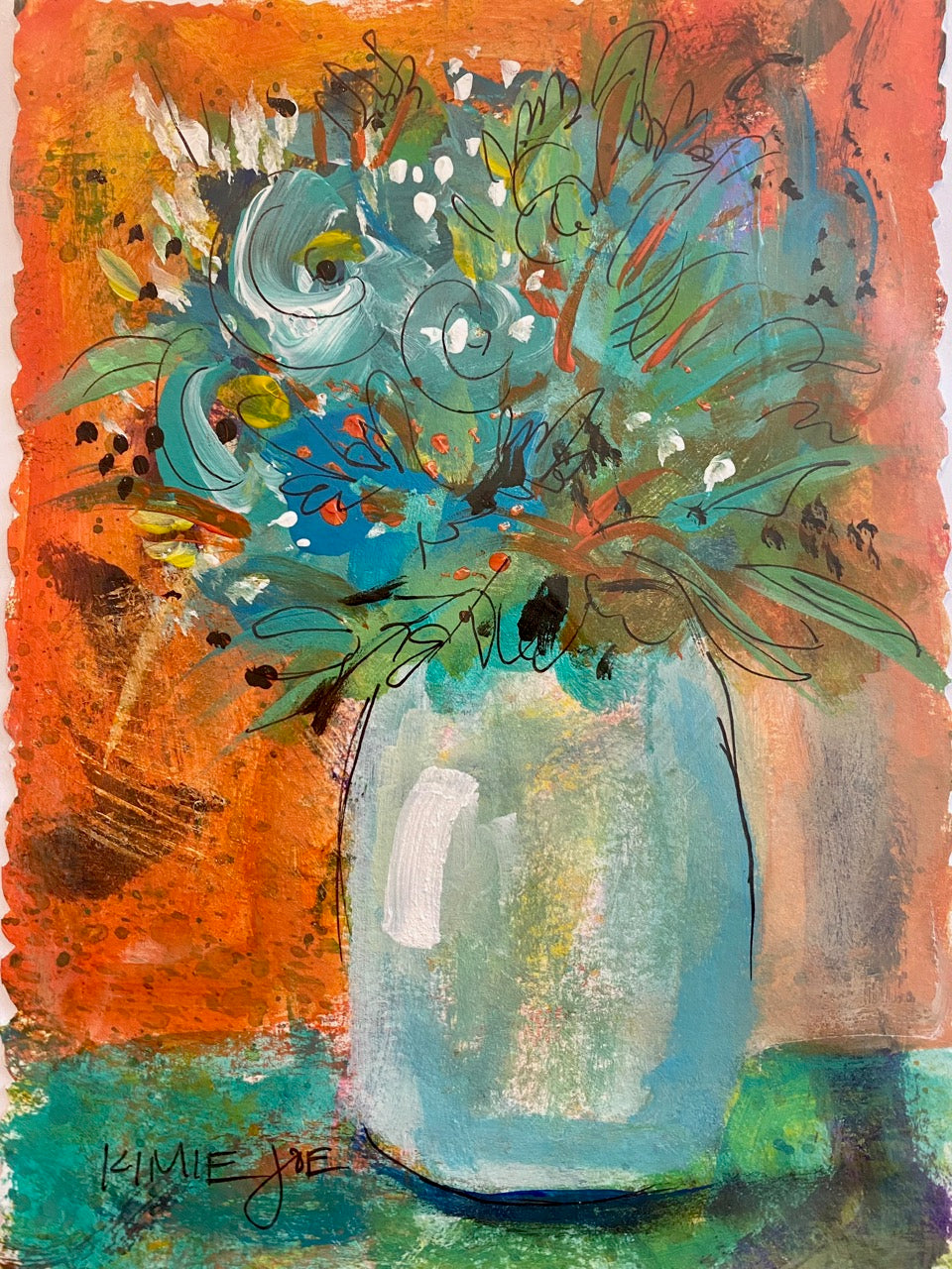 "Floral Blue and Orange" Mixed Media